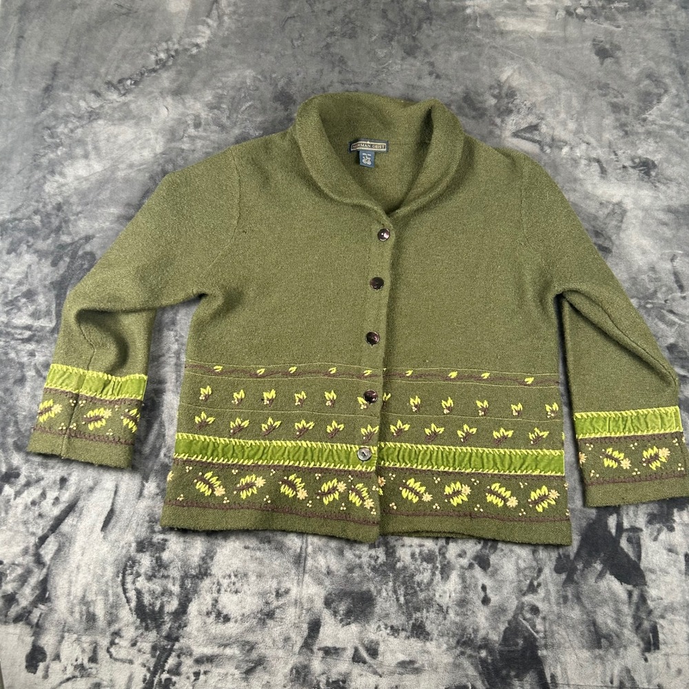 Herman Geist Cardigan Womens Large Green Wool Embroidered Floral Button Up 4563